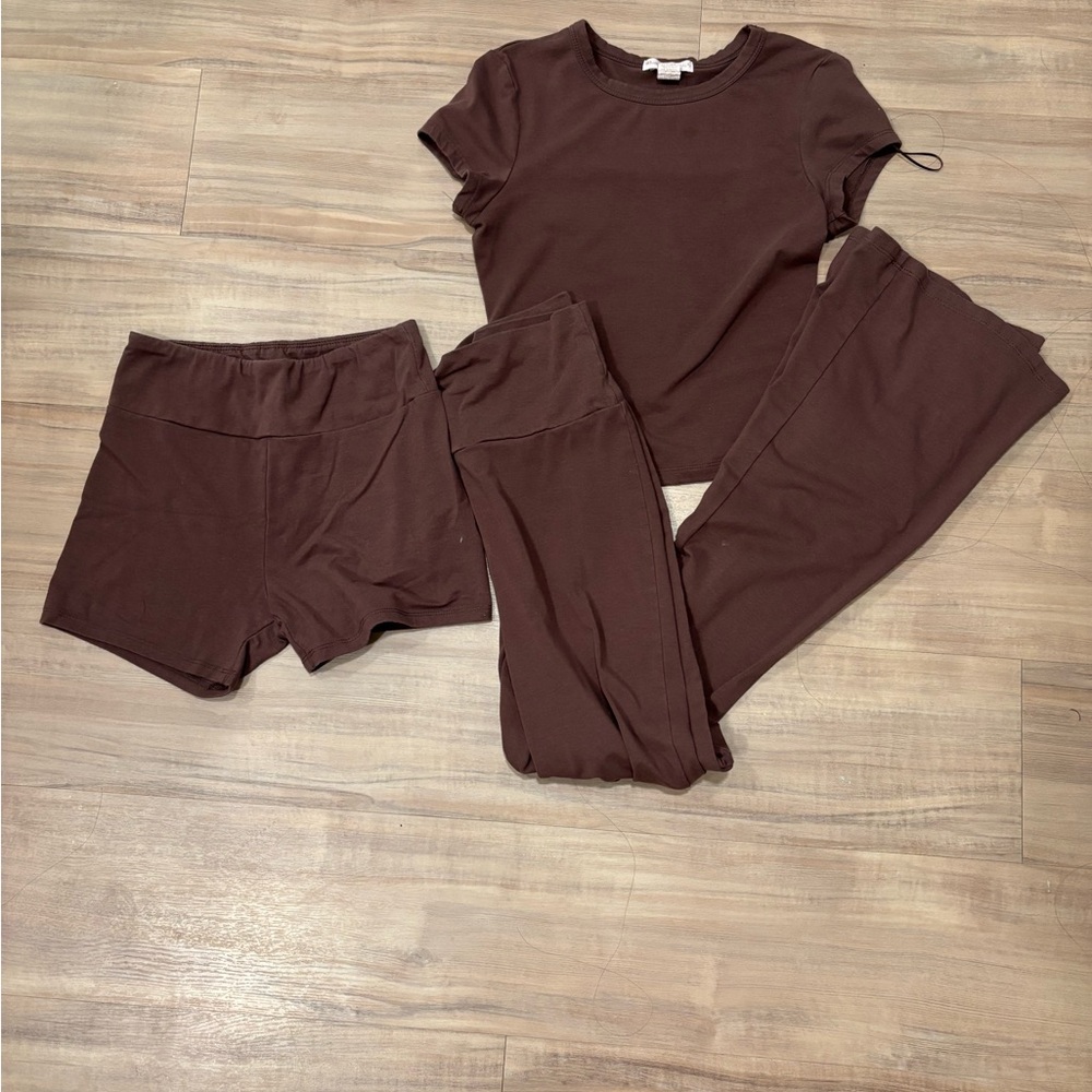 3-Piece Chocolate Brown Lounge Set - Tee, Leggings & Shorts